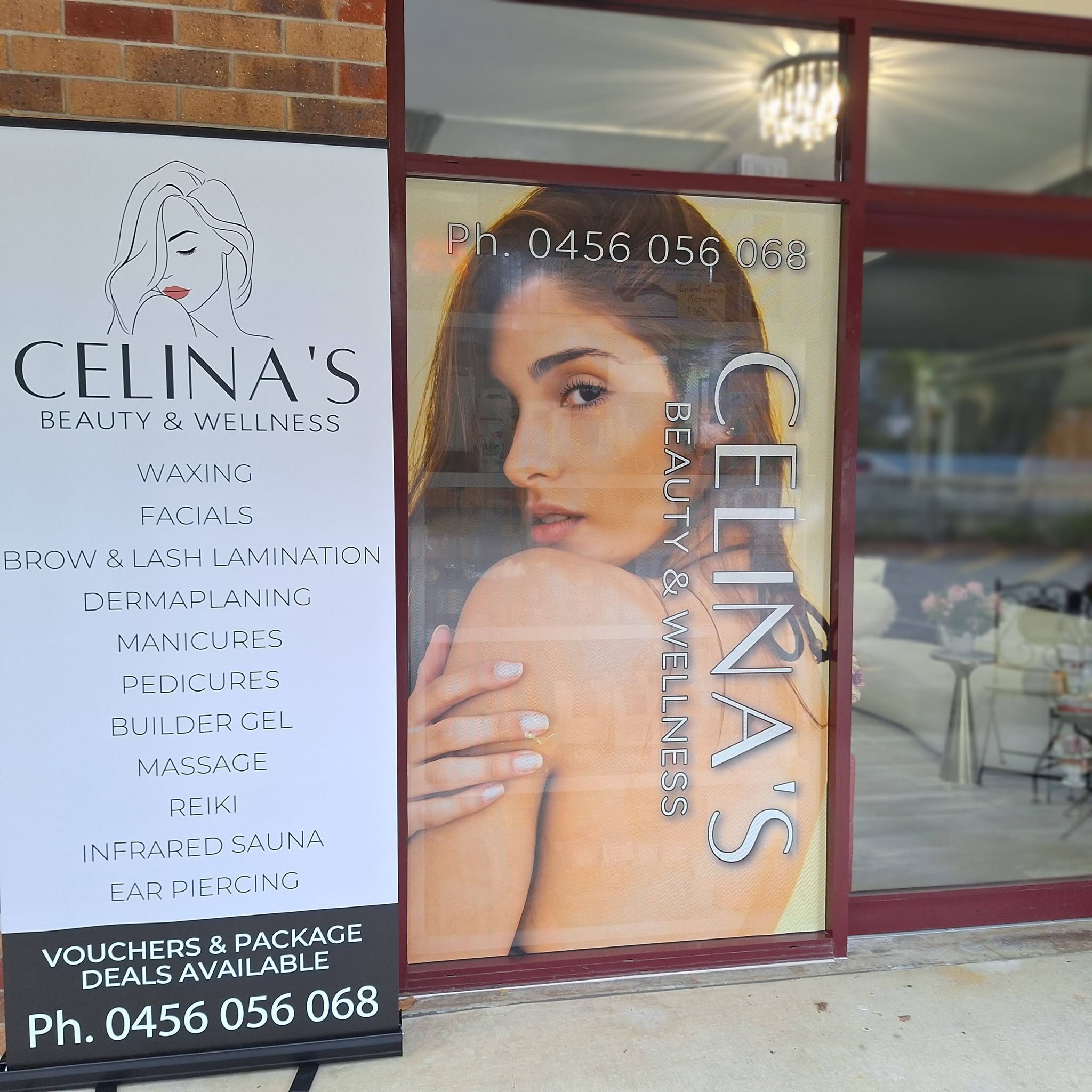 The shopfront window at Shop 9, Parkridge Avenue, with Celina's banner listing every treatment